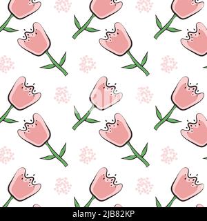 Nahtloses Muster mit handgezeichneten Blüten in kindlicher, flacher Optik. Niedliche Blumen Vektor Hintergrund. Rosa Tulpen im Doodle-Stil auf weißem Hintergrund für Stock Vektor