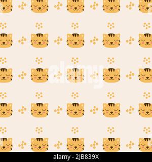 Niedliches nahtloses Muster mit Cartoon-Tigern für Kinder. Handgezeichneter naiver minimalistischer heller Hintergrund. Vektorgrafik für Postkarte, Banner, Web Stock Vektor