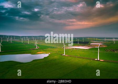 Windturbinenpark bei Sonnenuntergang. Konzept für erneuerbare Energien. Erzeugung von alernativer Energie in Windmühlen Stockfoto