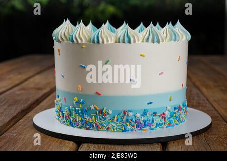 Vanillekuchen mit Buttercreme-Zuckerguss, verziert mit bunten Streuseln. Garten im Hintergrund. Stockfoto