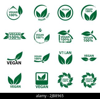 Vegan Icon Bio Ökologie Bio, Logos Label Tag grünes Blatt Stock Vektor