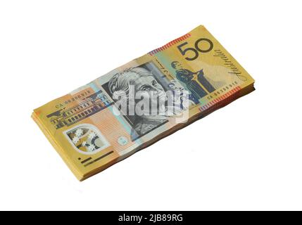 Australische 50-Dollar-Noten isoliert auf Weiß Stockfoto