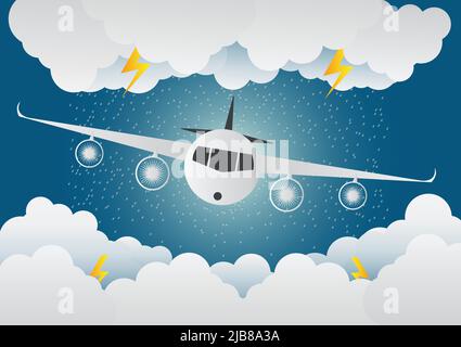 Das Flugzeug fliegt durch Wolken. Rainy Day und Blitz in Wolken, Vektor-Illustration. Auf abstraktem Hintergrund.Papier Kunst.Vektor-Illustration Stock Vektor