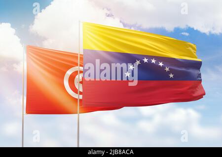 Sonniger blauer Himmel und Flaggen von venezuela und tunesien Stockfoto
