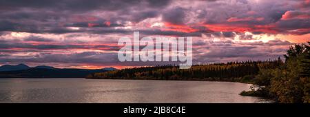 Atemberaubende rosa und lila Sonnenuntergang Himmel im Norden Kanadas im Herbst, Herbstsaison. Dramatische Wolken über einem großen See im Yukon Territory. Stockfoto