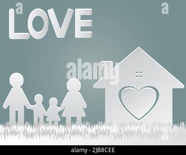 Papier geschnitten Vector.Happy Familie zu Hause Mama und Papa stehen Hand schütteln mit Jungen und Mädchen. Das Haus mit dem Herzen mit Liebe, Vektor-llustration Stock Vektor