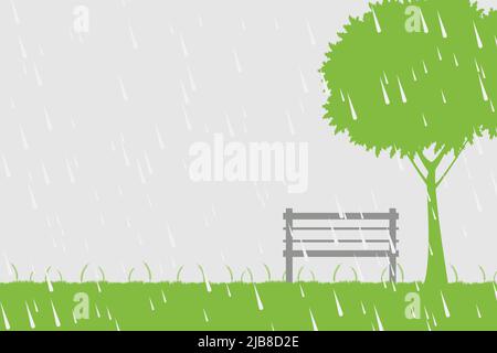 Stuhl und Baum im Regen auf grünem Hintergrund, Vektorgrafik Stock Vektor