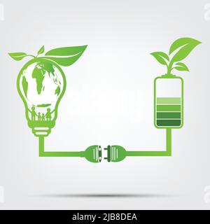 Familie Ökologie Konzept in der Welt ist in der energiesparenden Glühbirne grün.Power-Stecker Blätter Ökologie Batterie grün.Vektor-Illustration Stock Vektor