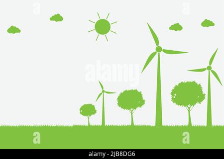 Windkraftanlagen mit Bäumen und Sonne saubere Energie mit umweltfreundlichen Konzept Ideen, Vektor-Illustration Stock Vektor