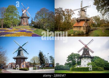 Deutschland. 01.. Juni 2022. Die vierteilige Combo zeigt (von links oben nach rechts unten) die Mühle am Wall (Bremen, 22. April 2020), die Hüvener Mühle (Hüven, 5. November 2020), die Meyers Mühle (Papenburg, 20. April 2021) und die Mühle Oberneuland (Bremen, 1. Juni 2022) . Zahlreiche historische Mühlen öffnen traditionell am Pfingstmontag ihre Türen. Am Deutschen Mühlentag können Besucher 165 Anlagen in Niedersachsen und Bremen besichtigen. Quelle: Sina Schuldt/dpa/Alamy Live News Stockfoto