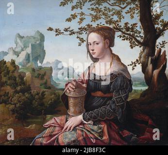 Maria Magdalena wird traditionell mit einem Gefäß aus Salbe dargestellt, in Bezug auf die Salbung Jesu. Gemälde von Jan van Scorel Stockfoto