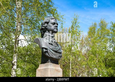 SESTRORETSK, RUSSLAND - 29. MAI 2022: Denkmal für Peter den Großen - der Gründer von Sestroretsk Nahaufnahme an einem sonnigen Maitag Stockfoto