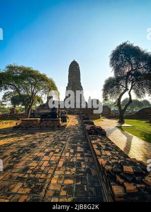 Wat Phra Mahathat Tempel mit Kopfstatue gefangen in Bodhi Baum in Phra Nakhon Si Ayutthaya, Thailand Stockfoto