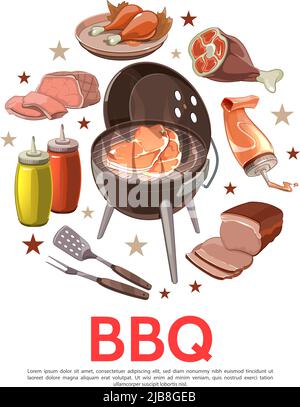 Bunte Barbecue-Party rund Konzept mit bbq Grill Gabel Schaufel Schweinefleisch Fleisch Scheiben Huhn Beine Senf Ketchup isoliert Vektor-Illustration Stock Vektor