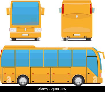 Gelber Bus hinten, vorne und seitlich. Reisebus und Reise, Tour und Transport. Vektorgrafik Stock Vektor