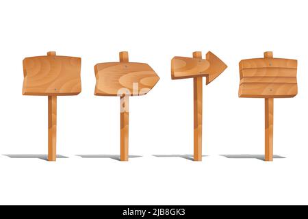 Hölzerne Schilder auf weißem Hintergrund isoliert gesetzt. Holzpfeile leer, Sperrholzpfosten. Vektorgrafik Holzschilder Stock Vektor