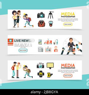 Flache Massenmedien horizontale Banner mit Reporter Paparazzi Fotograf und Journalist professionelle Ausrüstung Vektor Illustration Stock Vektor