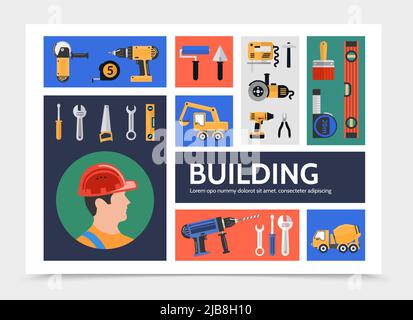 Flachbau Konstruktion Infografik Vorlage mit Builder Grinder Schraubendreher Pinsel Walzzange Schlüssel Bohrer Ebene Säge Roulette Bagger Co Stock Vektor