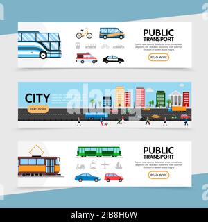 Flache horizontale Banner für den öffentlichen Verkehr mit Fahrrad-Van Krankenwagen Polizei Auto Bus Straßenbahn und Stadtverkehr Vektor-Illustration Stock Vektor