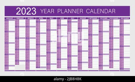 2023 Year Planner - Wandplaner Kalender Lila Farbe- Voll Bearbeitbar - Vektor Stock Vektor