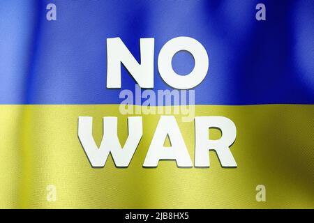 Flagge der Ukraine mit Aufschrift No war 3D Render Stockfoto