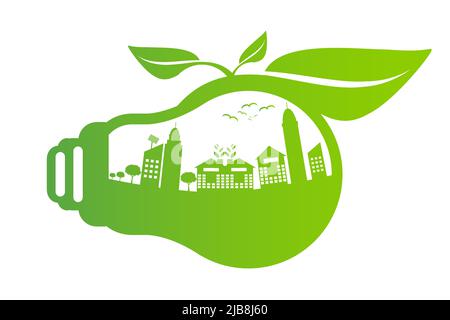 Ökologie Konzept, die Welt ist in der energiesparenden Glühbirne grün, Vektor-Illustration Stock Vektor