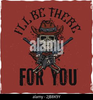 Cowboy-T-Shirt-Label mit Abbildung von Schädel ath der Hut mit zwei Waffen an den Händen Vektor-Design Stock Vektor