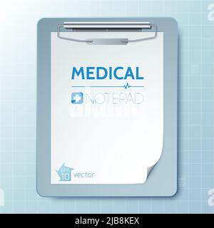 Medizinische Werkzeugvorlage mit Zwischenablage und leerem Papierbogen auf hellem Hintergrund isolierte Vektordarstellung Stock Vektor