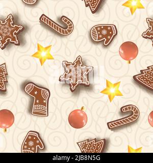 Weihnachten und Neujahr nahtlose Muster mit bunten Kugeln Schneeflocken Fäustlinge Süßigkeiten Socken und helle Sterne Vektor Illustration Stock Vektor