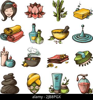 Spa Massage Therapie Wellness Skizze Farbige Dekorative Symbole Set Vektor Illustration Stock Vektor