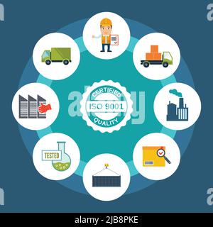 Qualitätskontrollkonzept mit zertifiziertem Etikett und Symbolen für Versand und Testergebnisse Vektordarstellung Stock Vektor