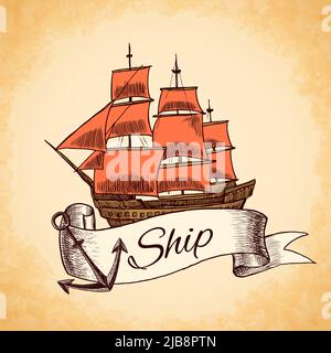 Segel hohes Schiff hölzernen Vintage Klipper mit roten Segeln nautischen Emblem mit Band und Seil Vektor Illustration Stock Vektor