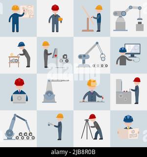 Engineering Bauarbeiter Maschinenbediener Mechaniker flach Symbole setzen isolierte Vektor-Illustration Stock Vektor