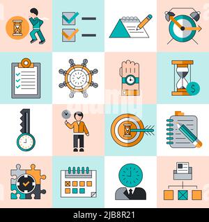 Zeitmanagement Arbeitsproduktivität erfolgreicher Manager flache Linie Symbole setzen isolierte Vektor-Illustration Stock Vektor