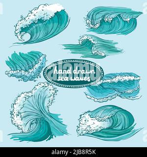 Wellen fließendes Wasser Hand gezeichnet Meer Ozean farbige dekorative Symbole setzen isoliert Vektor-Illustration Stock Vektor