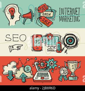 SEO Internet Marketing Banner Design Konzept farbige Skizze Symbole setzen isolierte Vektor-Illustration Stock Vektor