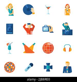 Nachtclub Cocktail Party Disco Musik Ikone flach set isoliert Vektor Illustration Stock Vektor
