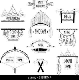 Indianer indianer Tribal dekorative Elemente Skizzen Etiketten setzen isoliert Vektor Illustration Stock Vektor