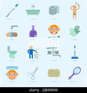 Hygiene Reinigung Waschen Badezimmer Symbole mit männlichen Figur isoliert Vektor-Illustration gesetzt Stock Vektor