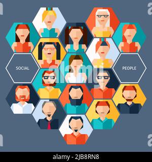 Avatare Hexagon-Konzept mit sozialen männlichen und weiblichen Menschen Pixel Zeichen Vektordarstellung Stock Vektor