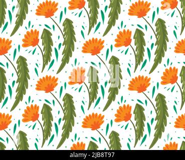 Nahtloses Muster mit flachen, handgezeichneten Dandelionen mit Laub auf weißem Hintergrund mit Punkten und Laub. Vektor natürliche Textur mit Blumen. Stock Vektor