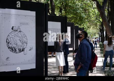 Non Exclusive: Eine Person unternimmt eine Tour während der Ausstellung 'The World of Quino' zu Ehren des argentinischen Karikaturisten Joaquín Salvador Lavado Tejón. Stockfoto