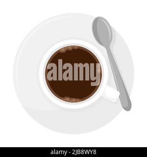 Keramikbecher mit Kaffee oder Tee. Tasse heißes Getränk auf Teller mit Löffel. Draufsicht. Cartoon flache Vektor-Illustration isoliert auf weißem Hintergrund. Stock Vektor