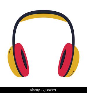 Professionelle Studio-Ohrhörer mit großen rot-gelben Ohrpolstern. Geräte für Podcasting, Online-Lernen, Musikhören. Einfach flach vec Stock Vektor
