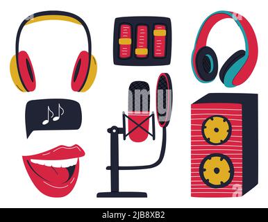 Eine Reihe von Design-Elementen eines Podcasting-, Musical-, Aufnahmesequipment. Über-Ohr-Kopfhörer, ein Lautsprecher, ein Mikrofon auf einem Ständer mit POP-Filter. C Stock Vektor