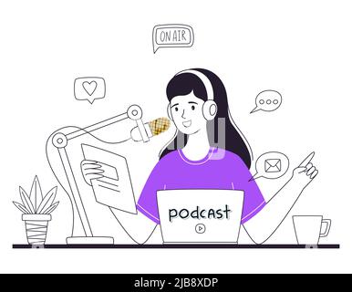 Das Mädchen liest die Nachrichten, spricht ins Mikrofon, moderiert einen Podcast oder eine Online-Show. Eine Frau zeichnet einen Podcast auf. Das Konzept von Podcasting, blogg Stock Vektor