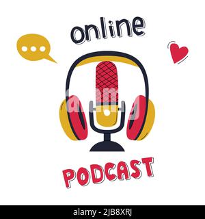 Professionelle Studio-Over-Ear-Kopfhörer mit Ohrpolstern und einem klassischen Mikrofon dazwischen. Ausrüstung für Podcasting, Handbeschriftung. Einfach flach vec Stock Vektor