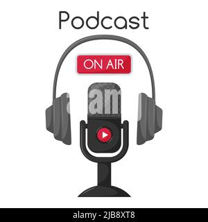 Studio Over Ear Kopfhörer und ein klassisches Mikrofon auf dem Ständer mit roter Taste Play. Rotes Schild - auf Sendung. Ausrüstung für Podcast-Aufnahme, Mu hören Stock Vektor