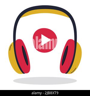 Professionelle Studio-Ohrhörer mit großen Ohrpolstern. Rote Taste Wiedergabe zwischen Kopfhörern. Ausrüstung für , Musik hören, Podcast. Flacher Vec Stock Vektor