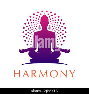 Yoga-Studio-Logo einer Frau in einer Padmasana-Pose mit rundem, ornamentalem Heiligenschein. Meditierender Weibchen in einem Zen-Zustand-Vektor-Logotyp. Stock Vektor